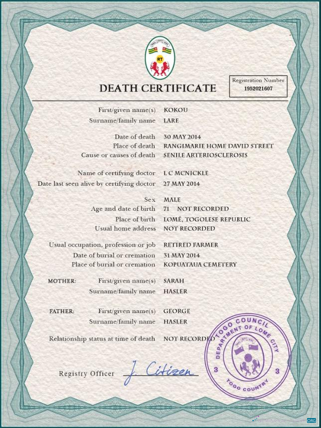 Download Togo death certificate PSD template Photoshop template